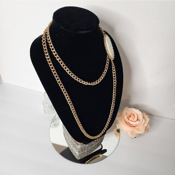 Vintage gold link chain with large opal stone rhinestones statement necklace - Picture 4 of 13